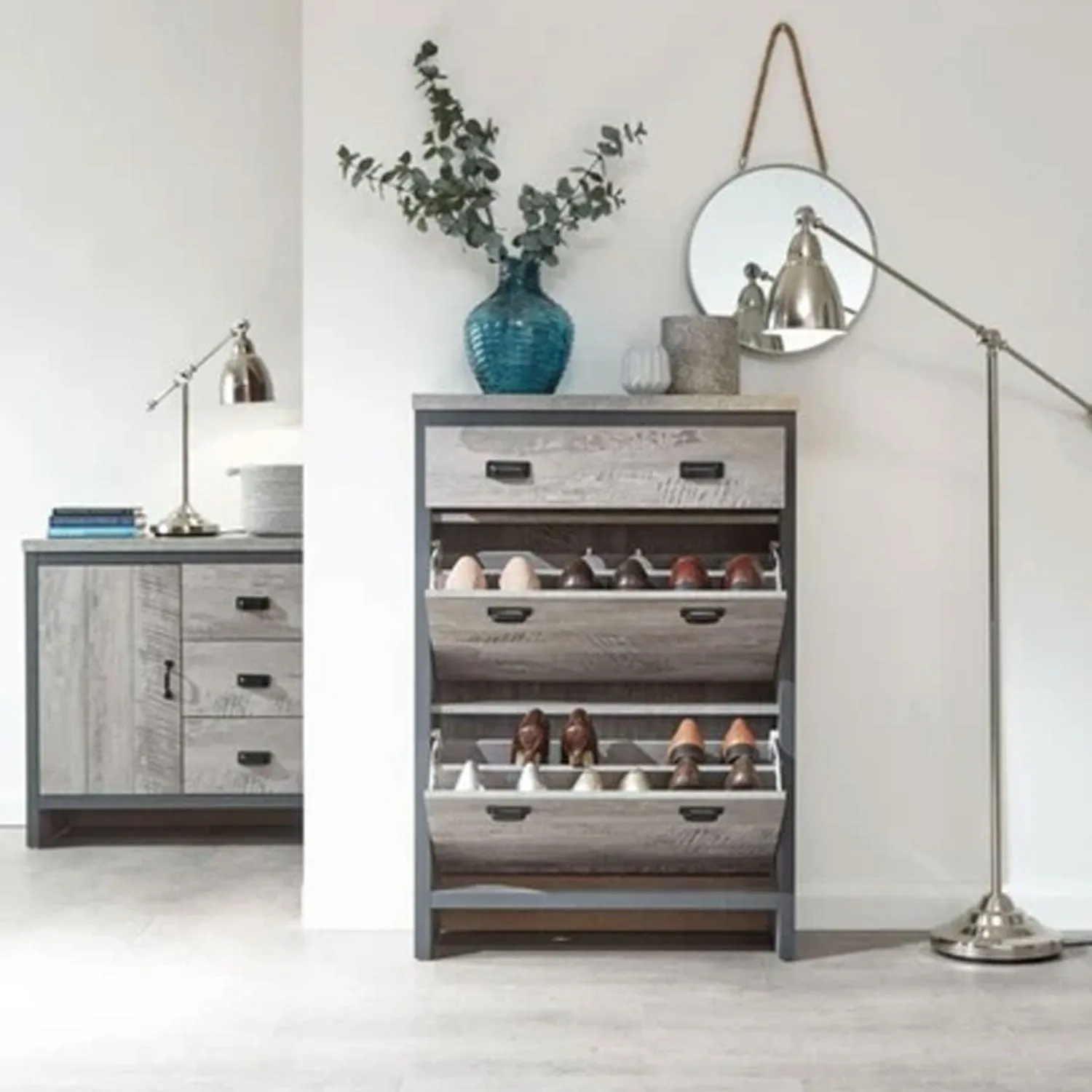 2 Door Grey Shoe Storage Cupboard With Drawer