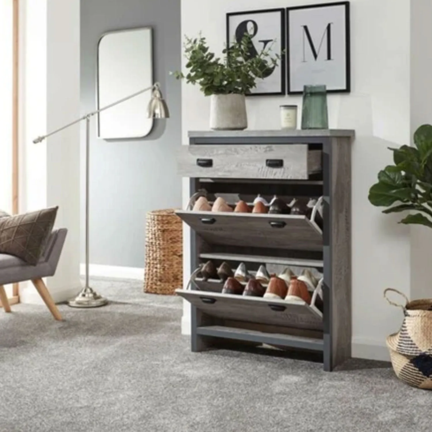 2 Door Grey Shoe Storage Cupboard With Drawer