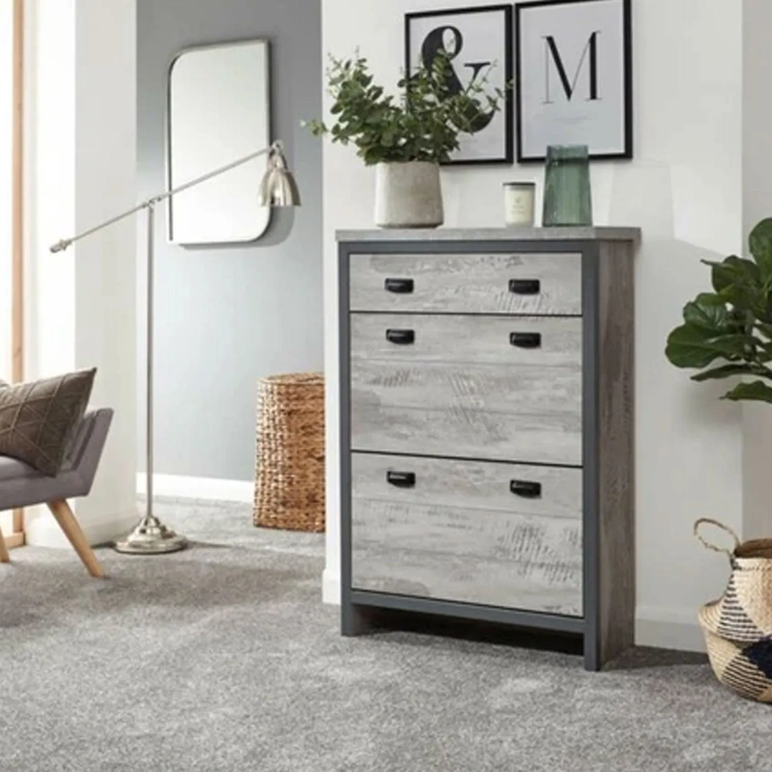 2 Door Grey Shoe Storage Cupboard With Drawer