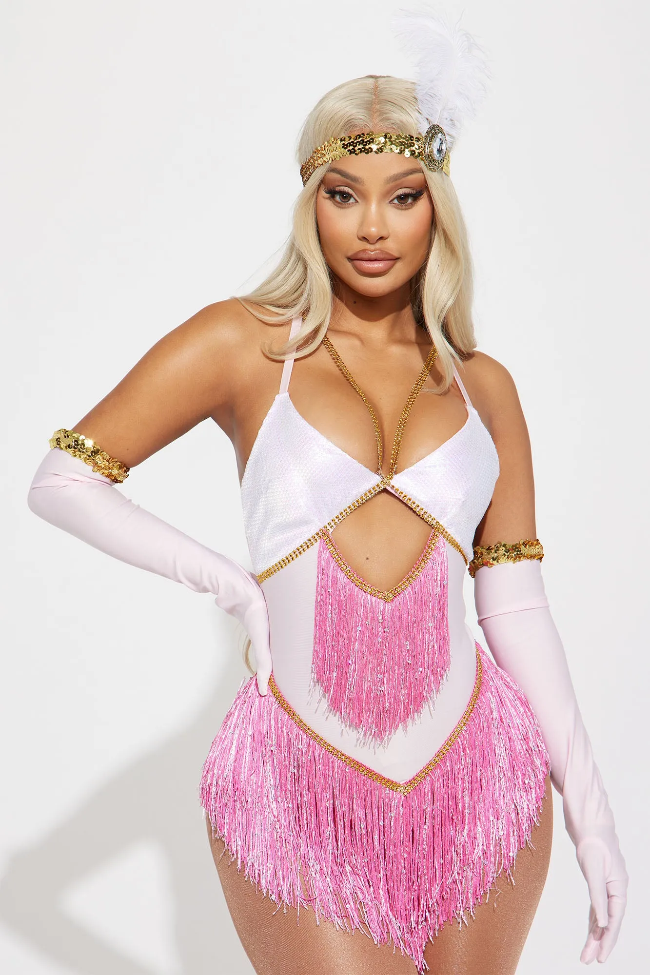 All Jazzed Up Flapper 3 Piece Costume Set - White/Pink