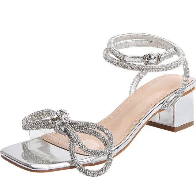 AUSO Elegant Crystal Bow Duo Ankle Strap Heel Choice Shoes