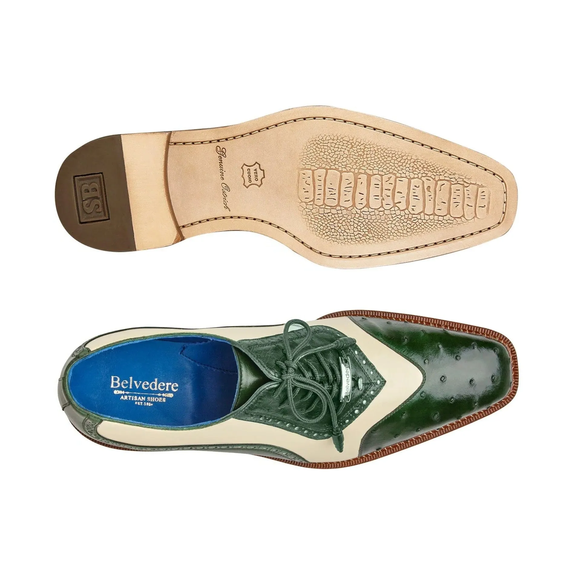 Belvedere Sesto in Forest / Cream Ostrich Quill & Leather Dress Shoes