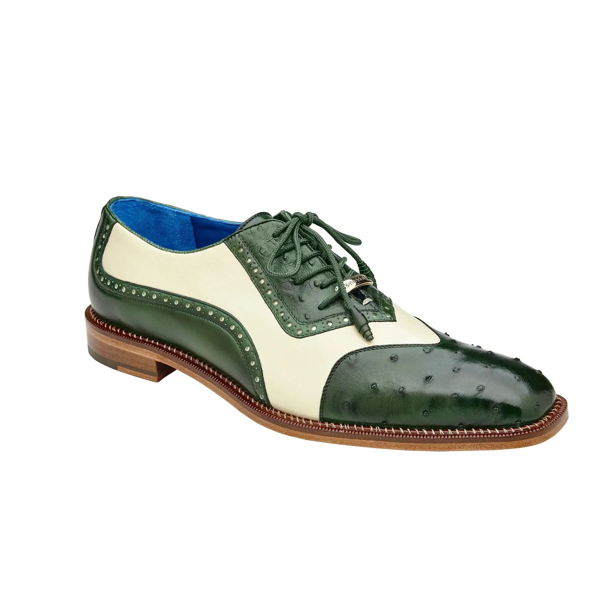 Belvedere Sesto in Forest / Cream Ostrich Quill & Leather Dress Shoes