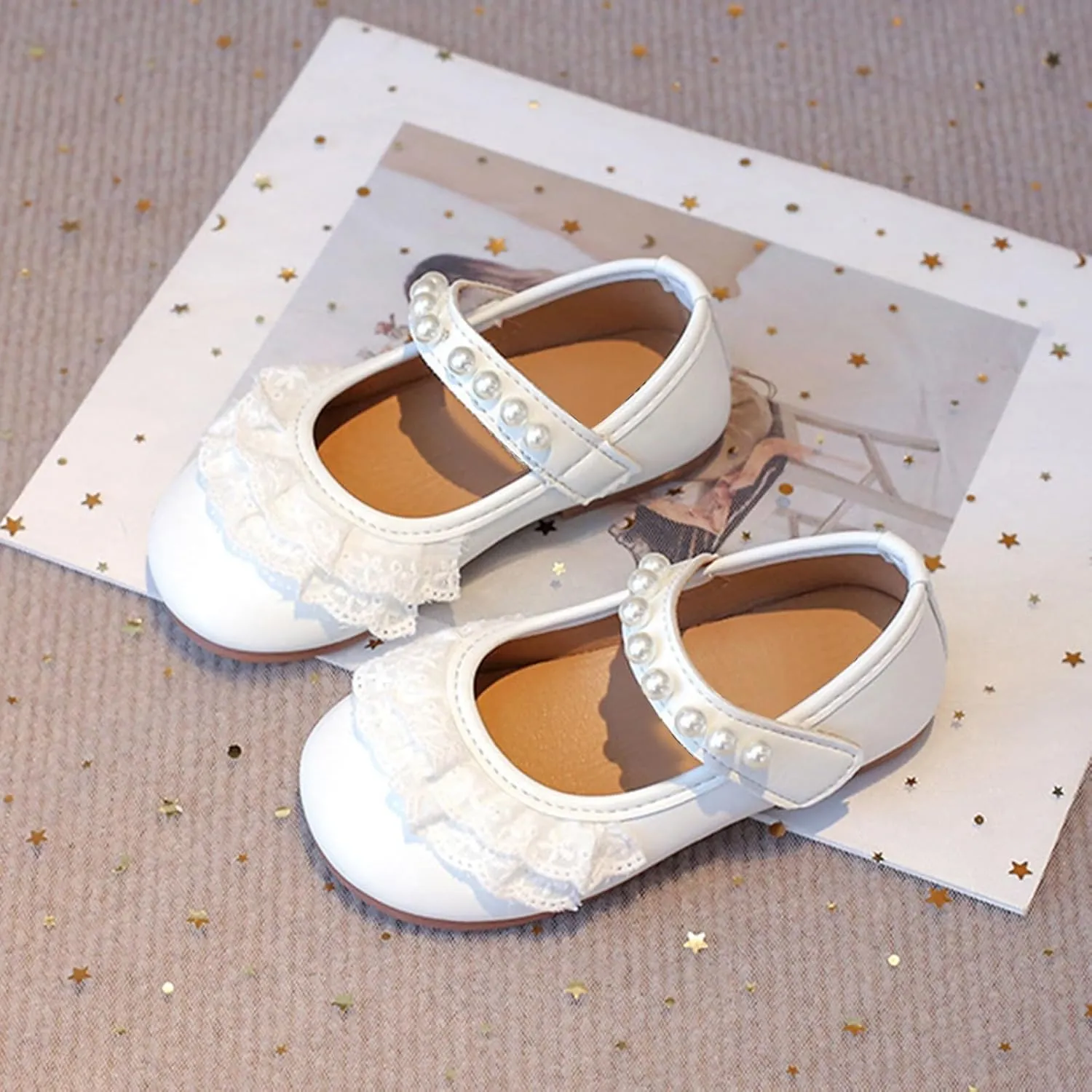 Girls Dress Shoes Mary Jane Flats for Flower Girls Party Leather Dress Shoes with Pearl Strap Kids Wedding Sandals