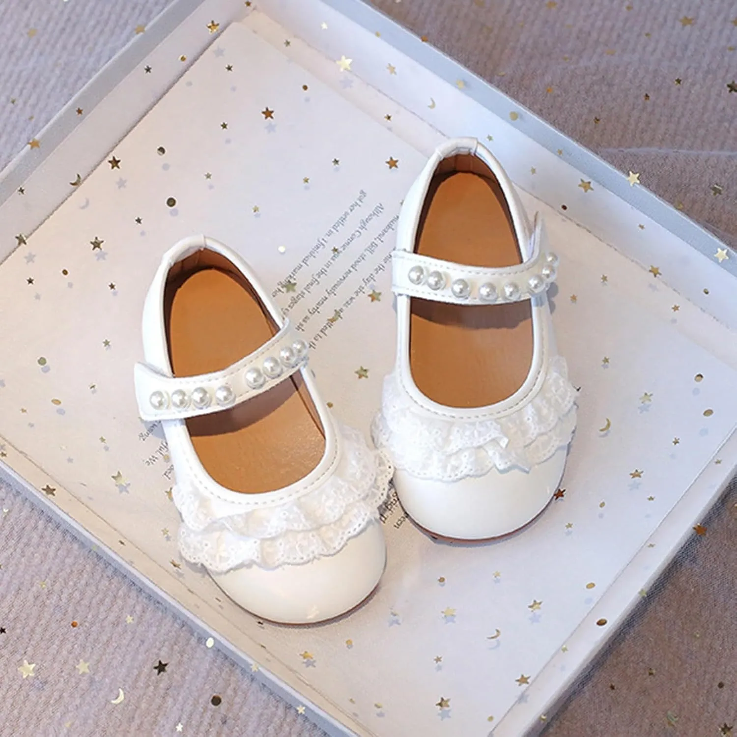 Girls Dress Shoes Mary Jane Flats for Flower Girls Party Leather Dress Shoes with Pearl Strap Kids Wedding Sandals