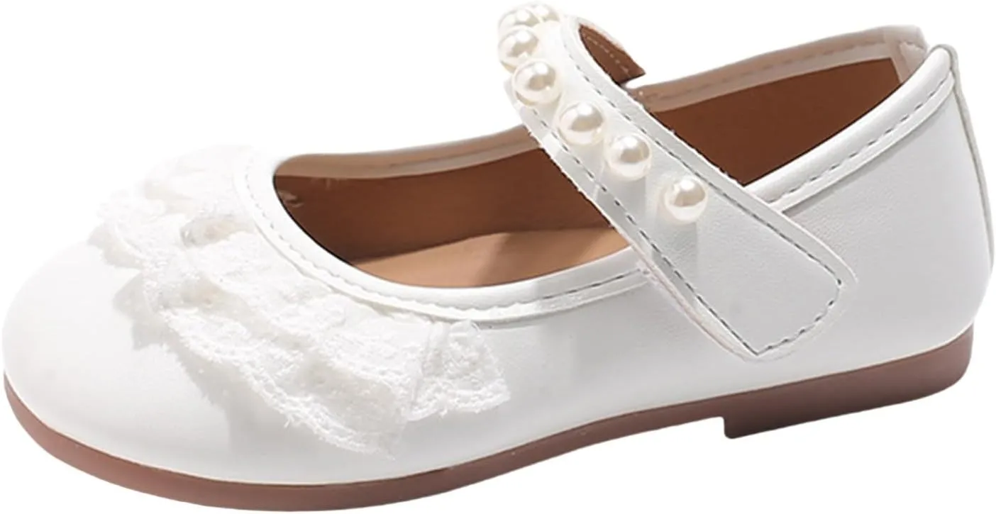 Girls Dress Shoes Mary Jane Flats for Flower Girls Party Leather Dress Shoes with Pearl Strap Kids Wedding Sandals