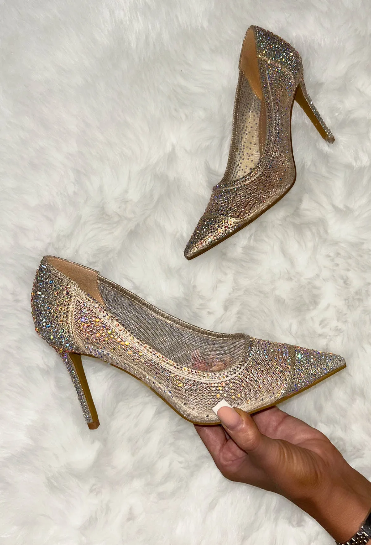 Keep On Shining Gold Embellished Mesh Court Heels