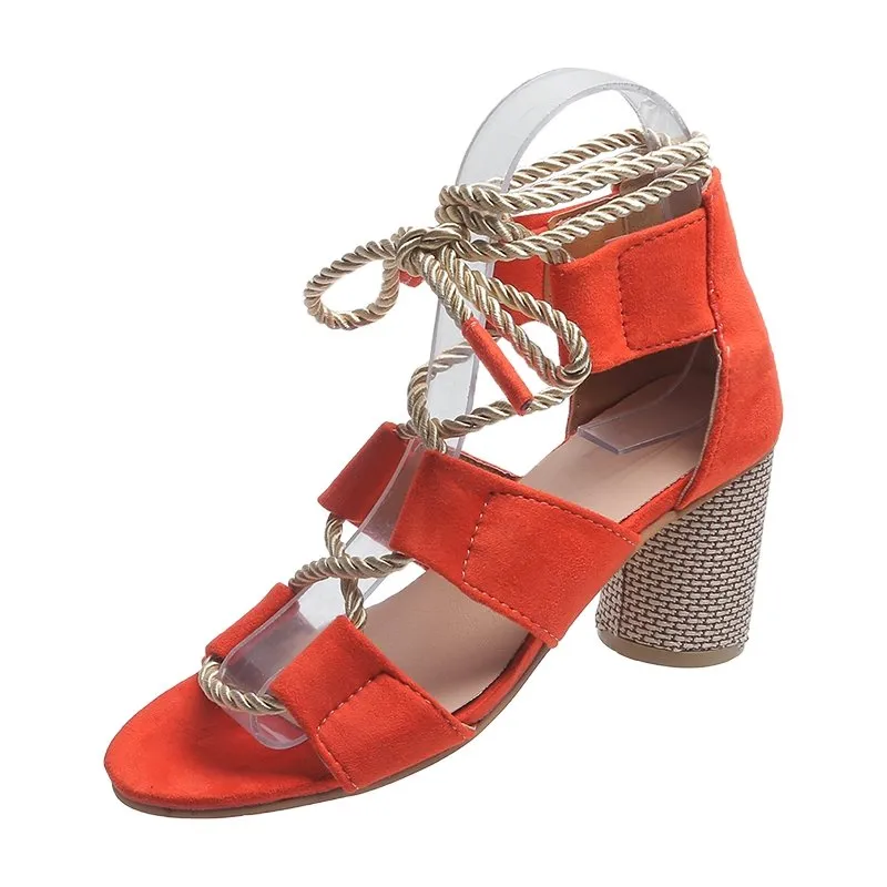 RICAQICO Lace-Up Square Heel Solid or Multi-Color Sandal Shoes