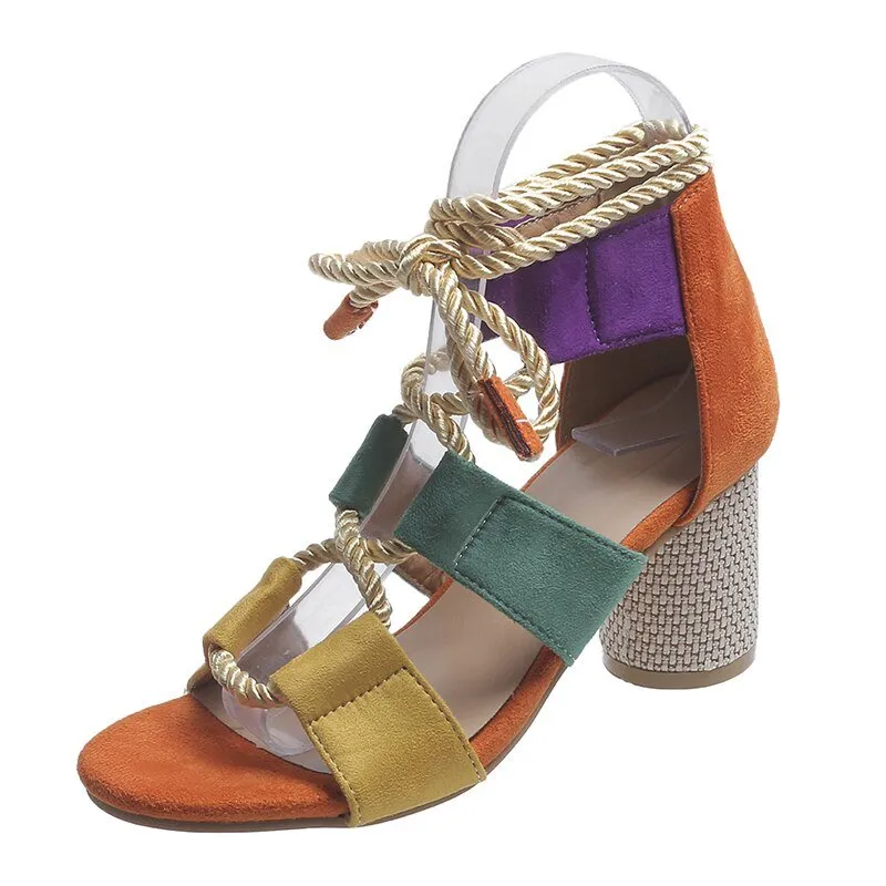 RICAQICO Lace-Up Square Heel Solid or Multi-Color Sandal Shoes