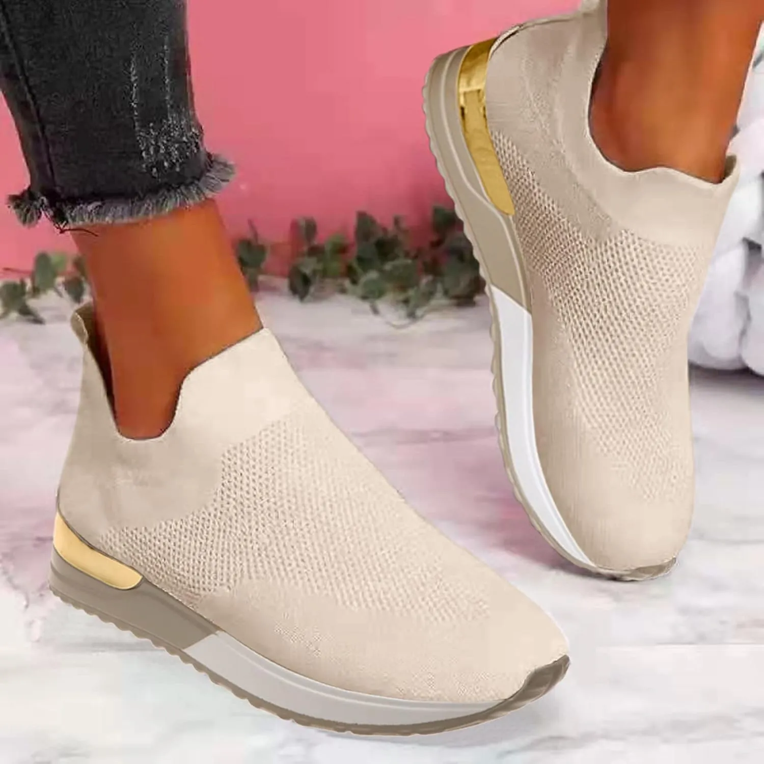Women's Fashion Sneaker Mesh Slip On Black Non Slip Shoes for Women Comfortable Walking Shoes Women Wide Width Womens Platform Loafers Sneaker Heels for Women
